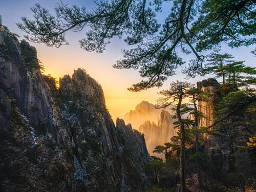 Misty Mountain Sunrise Gold Print