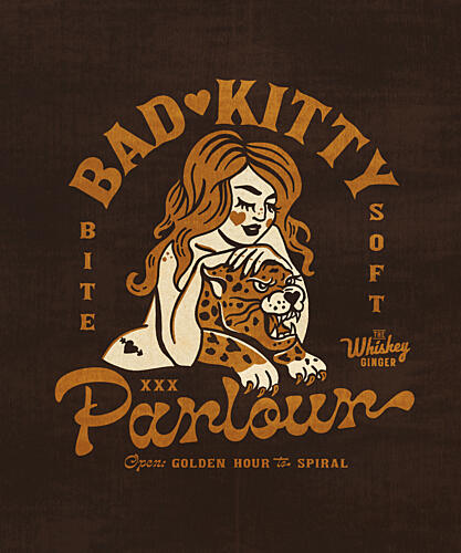 Bad Kitty Pin up Art. Dive Bar Cocktail Poster Gold Print