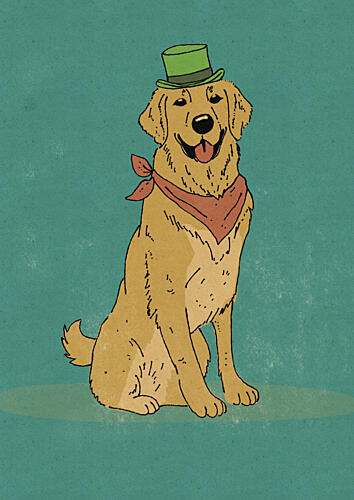 Happy Dog in Green Hat Art Print