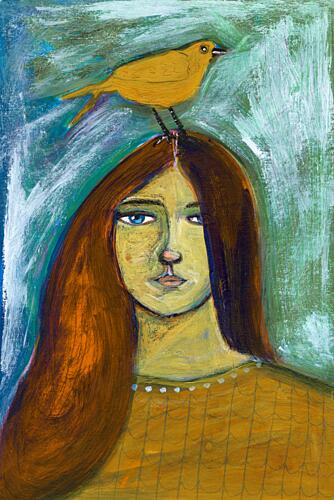 Pensive Girl Yellow Bird Art Print