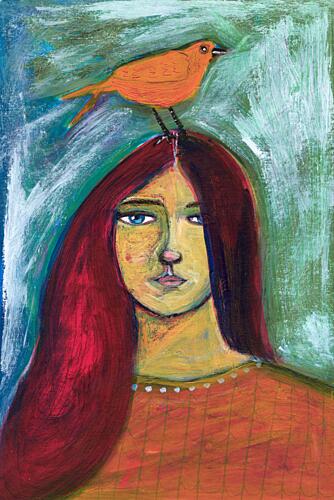 Woman with Orange Bird Art Print