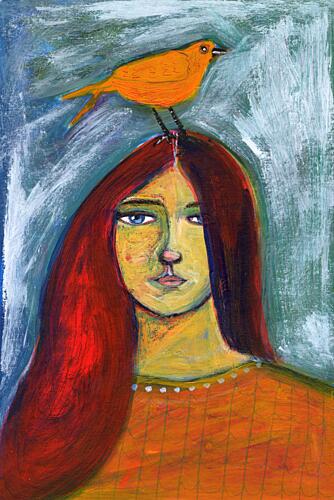 Woman and Orange Bird Art Print