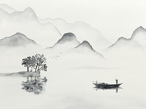 Serene Mountain Lake Boat Art Print