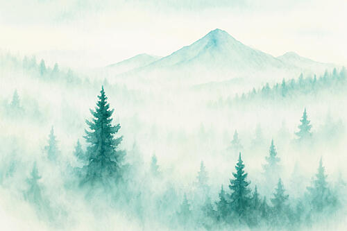 Misty Forest Mountains Art Print