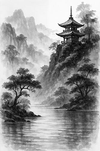 Misty Mountain Pagoda Art Print