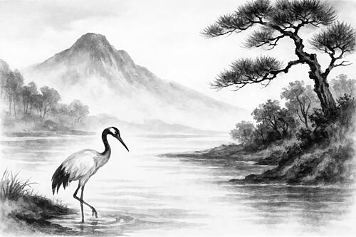 Tranquil Crane Lake Scene Art Print