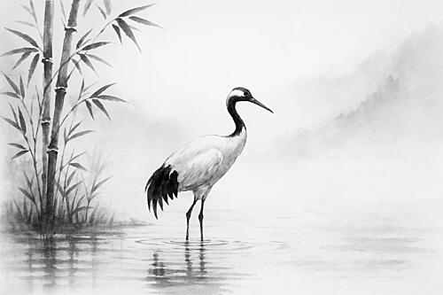 Crane in Misty Landscape Art Print