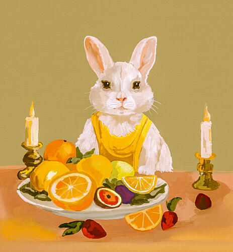 Whimsical Rabbit Fruit Feast Art Print