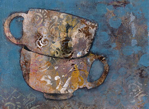 Stacked Rustic Teacups Gold Print