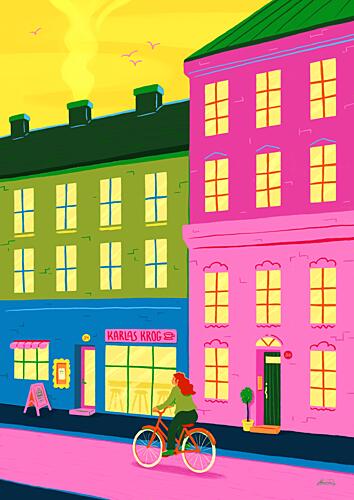 Vibrant Urban Cycling Art Print by Nanna Paavig