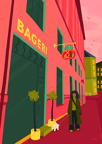 Urban Dog Walk Bakery Art Print by Nanna Paavig