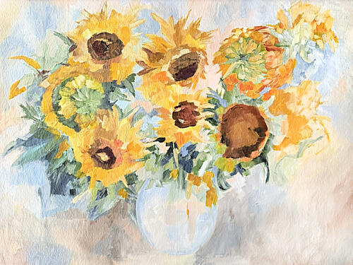 Vibrant Sunflower Still Life Art Print by Maryna Kovalchuk