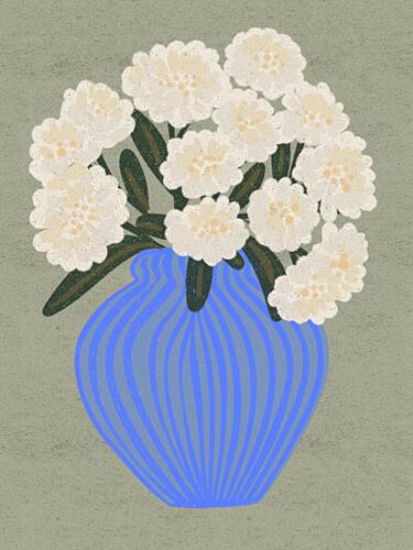 White Blooms Blue Vase Art Print
