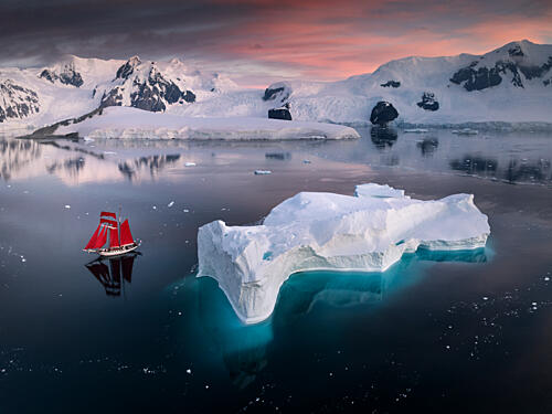 Antarctic Red Sailboat Art Print