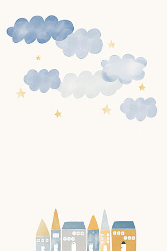 Whimsical Houses and Clouds Gold Print