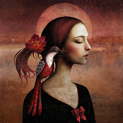 Serene Woman Red Bird Art Print