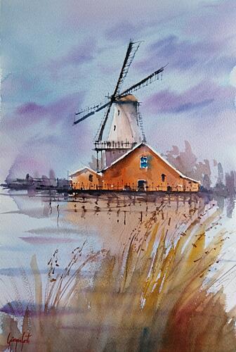 Rustic Windmill Reflection Art Print