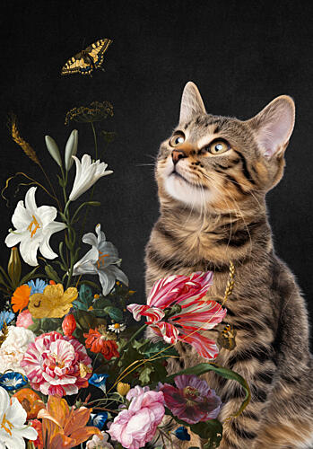 Curious Cat Floral Still Life Art Print