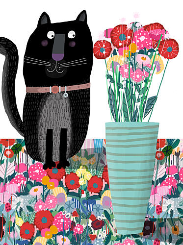 Whimsical Cat and Flowers Art Print