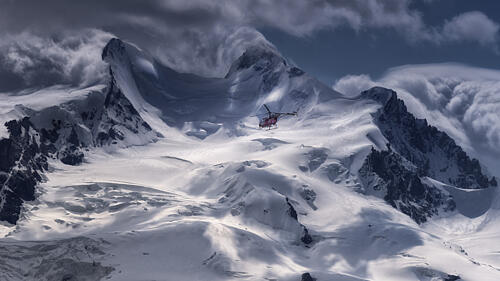 Red Helicopter Alpine Peaks Art Print