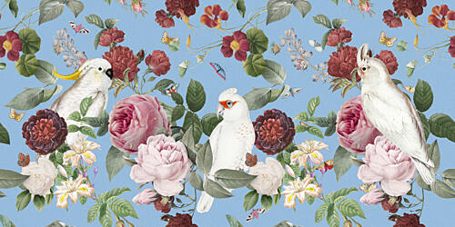 Blue Botanical Cockatoos Art Print