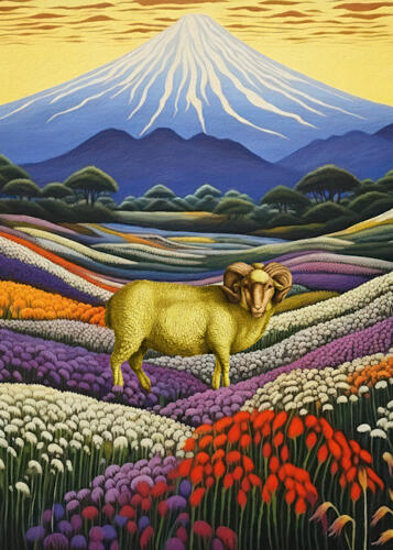 Golden Ram Mountainscape Gold Print