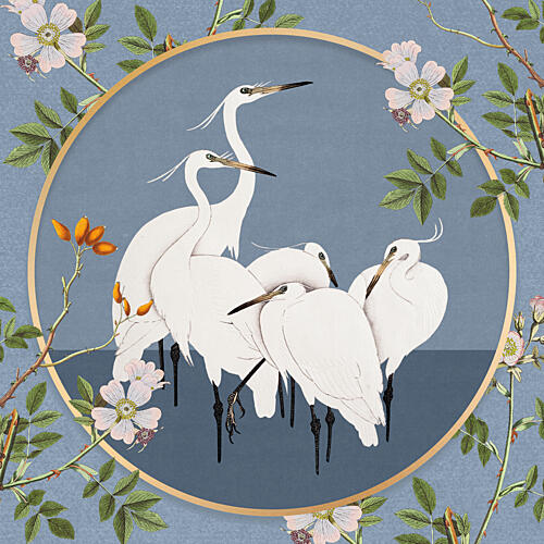 White Egrets Floral Circle Art Print