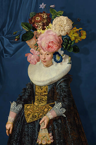Elegant Woman Floral Headdress Gold Print