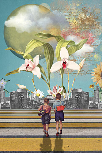 Boys Crossing Fantasy City Art Print