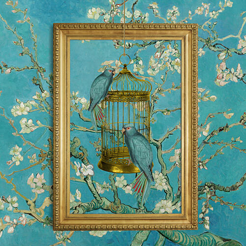 Blue Parrots Almond Bloom Gold Print