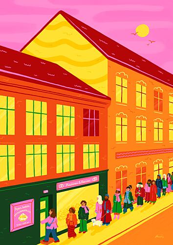 Bakery Queue at Sunset Art Print by Nanna Paavig
