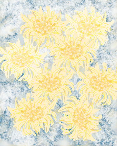Yellow Blooms Blue Marbling Art Print