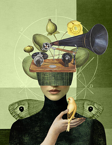 Phonograph Woman and Bird Art Print