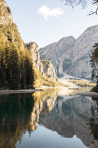 Serene Mountain Lake Reflection Gold Print