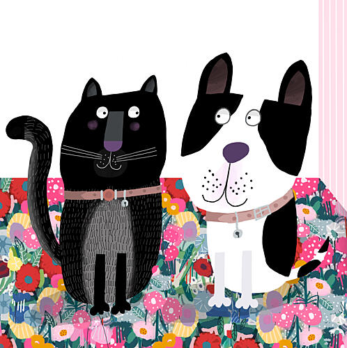 Happy Floral Pet Friends Art Print