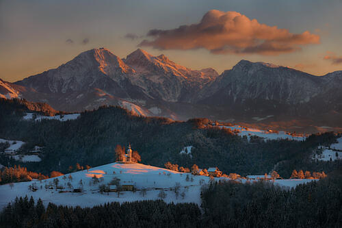 Snowy Mountain Church Sunset Gold Print