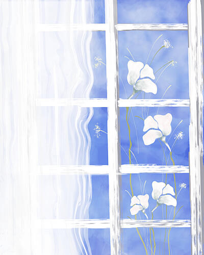 Blue Window Blooms Art Print