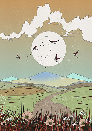 Swallows over Moonlit Fields Art Print