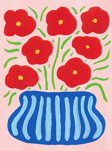Red Blooms Blue Vase Art Print by Lerin Freyou