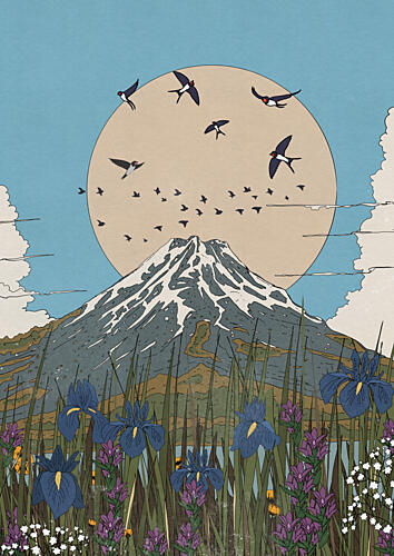 Mount Fuji Swallows Irises Art Print