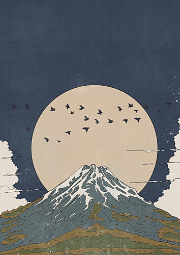 Mount Fuji Moonrise Birds Art Print