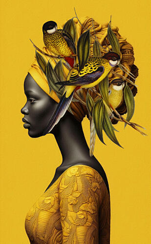 African Woman Golden Birds Gold Print