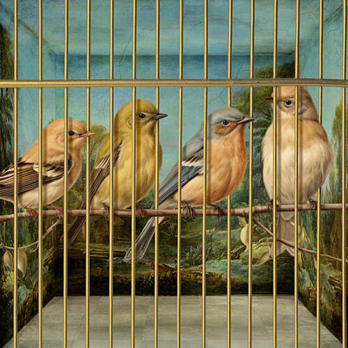 Finches in Golden Cage Gold Print