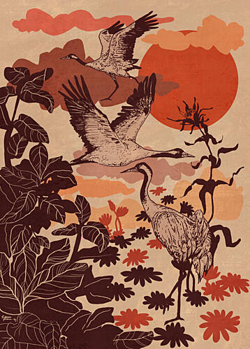 Flying Cranes Tropical Sunset Art Print