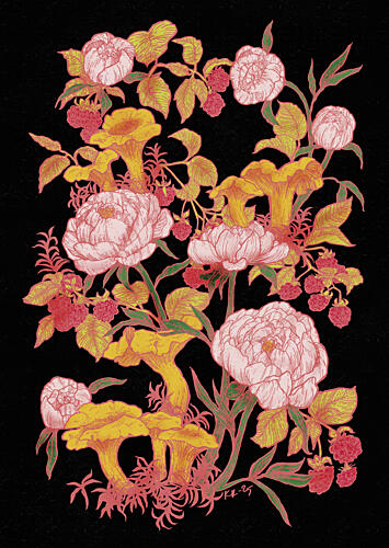 Forest Peonies and Chanterelles Art Print