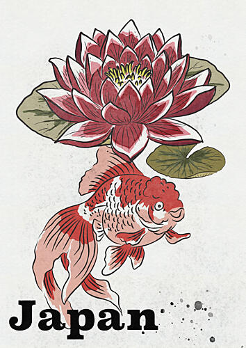 Traditional Japanese Lotus Goldfish Gold Print
