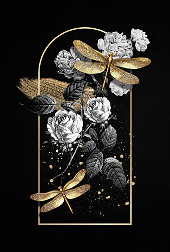 Gilded Dragonflies and Roses Gold Print