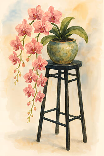 Pink Orchid on Stool Art Print
