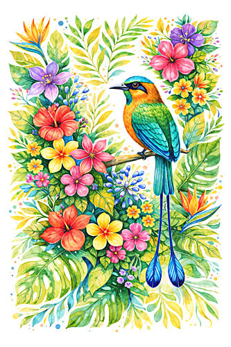 Motmot in Tropical Blooms Art Print