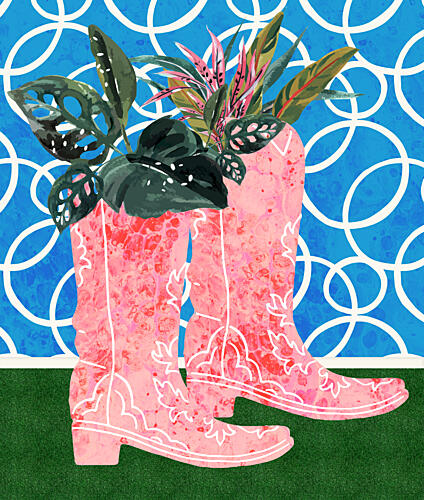 Pink Boots Green Plants Art Print